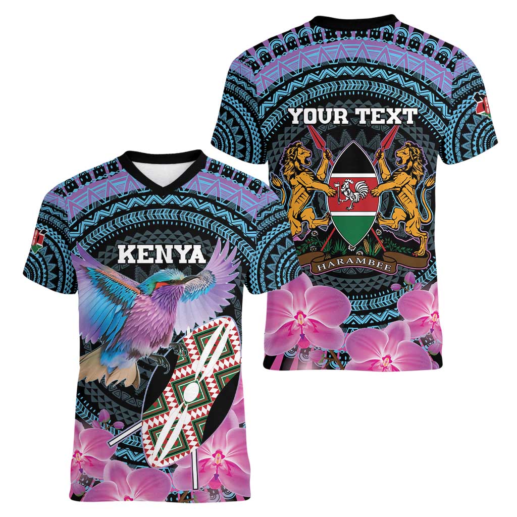 Personalised Kenya Lilac Breasted Roller Women V-Neck T-Shirt Mix Maasai Shield With Orchid Flower - Wonder Print Shop
