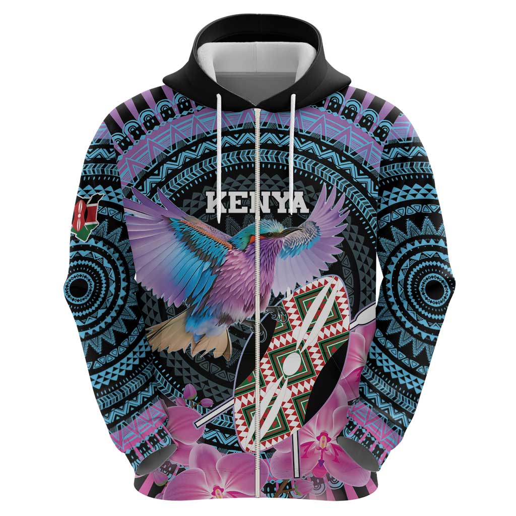 Personalised Kenya Lilac Breasted Roller Zip Hoodie Mix Maasai Shield With Orchid Flower - Wonder Print Shop