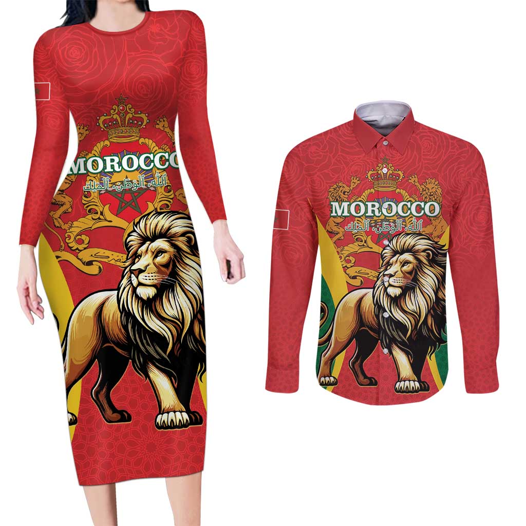 Personalised Morocco Proclamation Day Couples Matching Long Sleeve Bodycon Dress and Long Sleeve Button Shirt Barbary Lion Mix Islamic Pattern - Wonder Print Shop