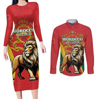 Personalised Morocco Proclamation Day Couples Matching Long Sleeve Bodycon Dress and Long Sleeve Button Shirt Barbary Lion Mix Islamic Pattern - Wonder Print Shop