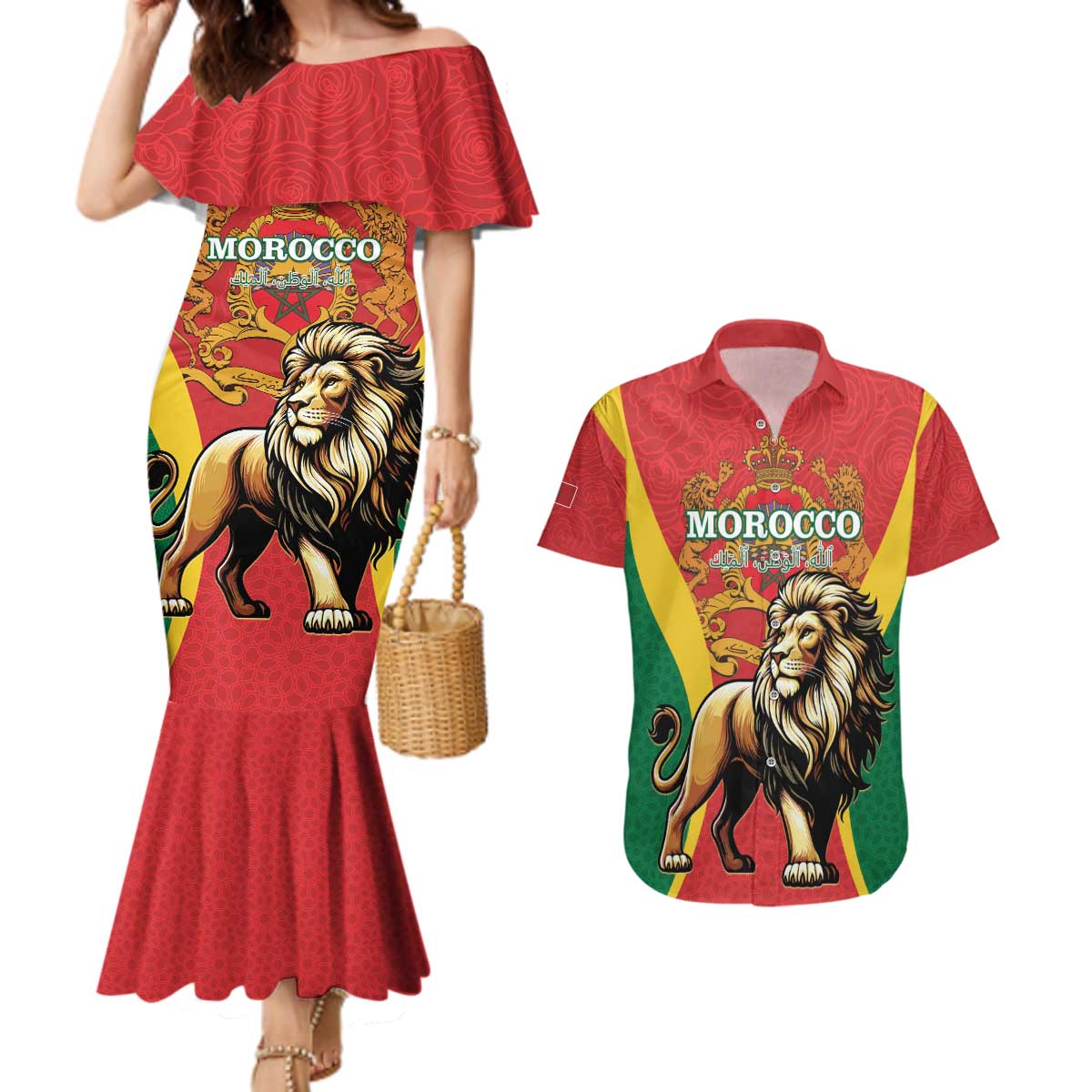 Personalised Morocco Proclamation Day Couples Matching Mermaid Dress and Hawaiian Shirt Barbary Lion Mix Islamic Pattern - Wonder Print Shop
