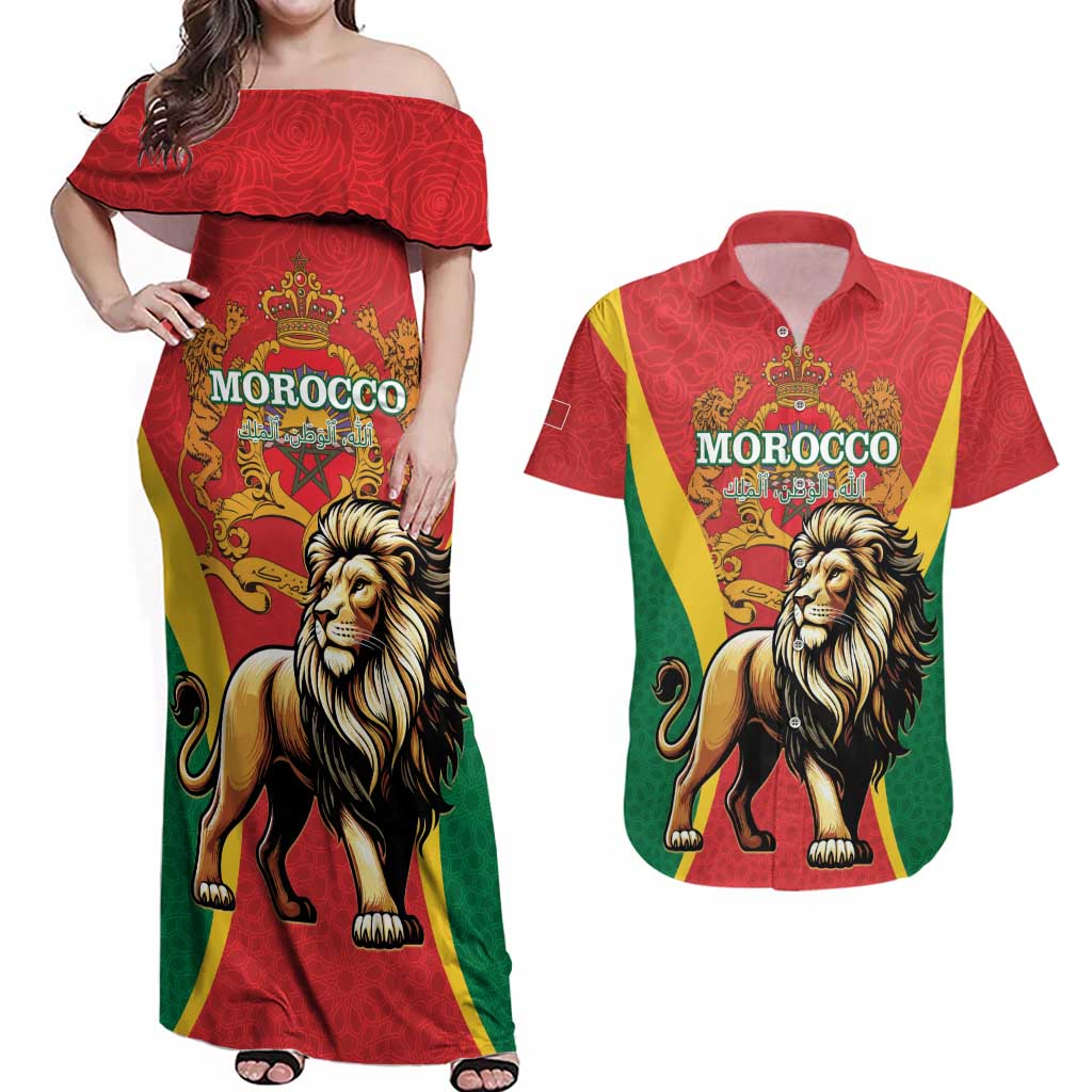 Personalised Morocco Proclamation Day Couples Matching Off Shoulder Maxi Dress and Hawaiian Shirt Barbary Lion Mix Islamic Pattern - Wonder Print Shop