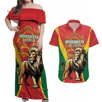 Personalised Morocco Proclamation Day Couples Matching Off Shoulder Maxi Dress and Hawaiian Shirt Barbary Lion Mix Islamic Pattern - Wonder Print Shop