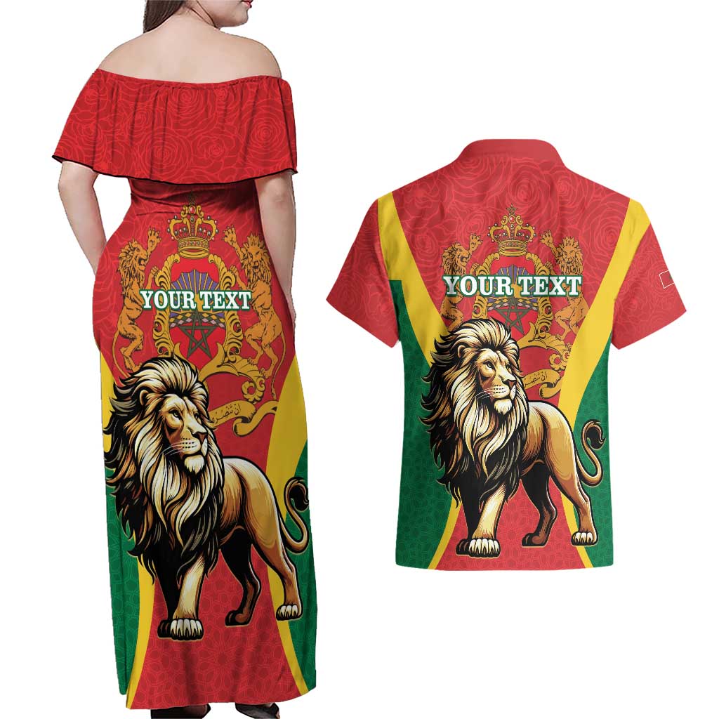 Personalised Morocco Proclamation Day Couples Matching Off Shoulder Maxi Dress and Hawaiian Shirt Barbary Lion Mix Islamic Pattern - Wonder Print Shop