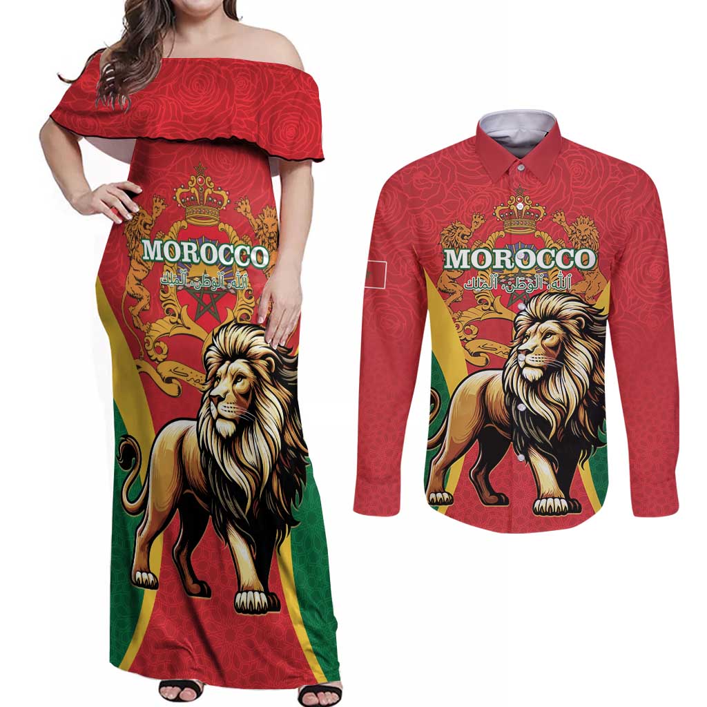 Personalised Morocco Proclamation Day Couples Matching Off Shoulder Maxi Dress and Long Sleeve Button Shirt Barbary Lion Mix Islamic Pattern - Wonder Print Shop