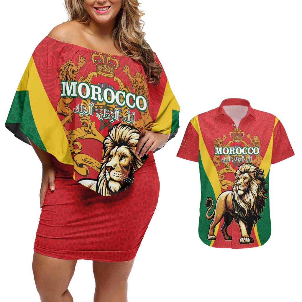 Personalised Morocco Proclamation Day Couples Matching Off Shoulder Short Dress and Hawaiian Shirt Barbary Lion Mix Islamic Pattern - Wonder Print Shop