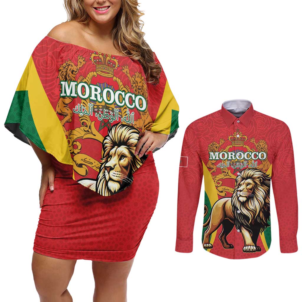 Personalised Morocco Proclamation Day Couples Matching Off Shoulder Short Dress and Long Sleeve Button Shirt Barbary Lion Mix Islamic Pattern - Wonder Print Shop