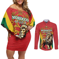Personalised Morocco Proclamation Day Couples Matching Off Shoulder Short Dress and Long Sleeve Button Shirt Barbary Lion Mix Islamic Pattern - Wonder Print Shop