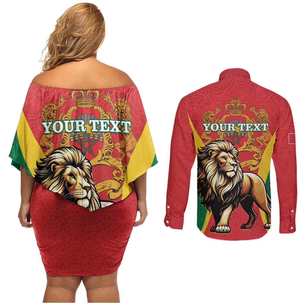 Personalised Morocco Proclamation Day Couples Matching Off Shoulder Short Dress and Long Sleeve Button Shirt Barbary Lion Mix Islamic Pattern - Wonder Print Shop