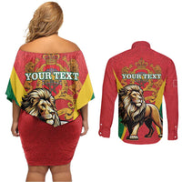 Personalised Morocco Proclamation Day Couples Matching Off Shoulder Short Dress and Long Sleeve Button Shirt Barbary Lion Mix Islamic Pattern - Wonder Print Shop