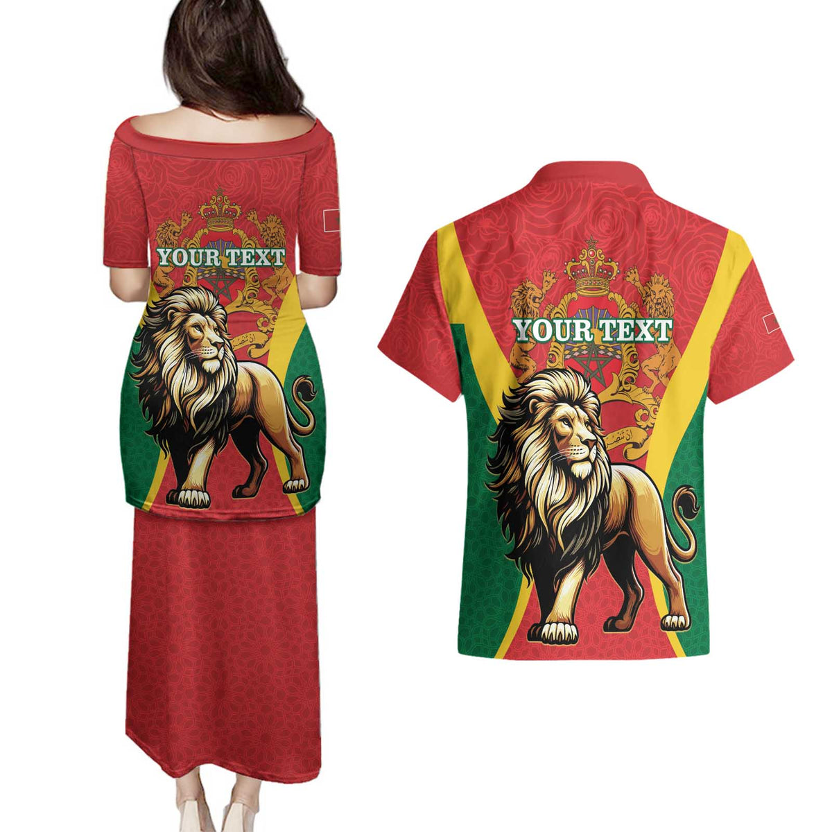Personalised Morocco Proclamation Day Couples Matching Puletasi and Hawaiian Shirt Barbary Lion Mix Islamic Pattern - Wonder Print Shop