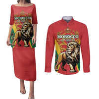 Personalised Morocco Proclamation Day Couples Matching Puletasi and Long Sleeve Button Shirt Barbary Lion Mix Islamic Pattern - Wonder Print Shop