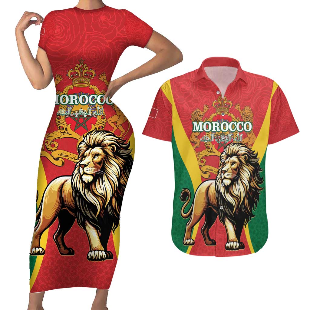 Personalised Morocco Proclamation Day Couples Matching Short Sleeve Bodycon Dress and Hawaiian Shirt Barbary Lion Mix Islamic Pattern - Wonder Print Shop