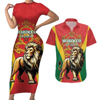 Personalised Morocco Proclamation Day Couples Matching Short Sleeve Bodycon Dress and Hawaiian Shirt Barbary Lion Mix Islamic Pattern - Wonder Print Shop