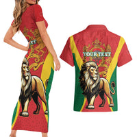 Personalised Morocco Proclamation Day Couples Matching Short Sleeve Bodycon Dress and Hawaiian Shirt Barbary Lion Mix Islamic Pattern - Wonder Print Shop