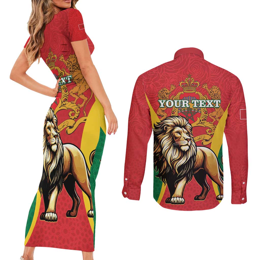 Personalised Morocco Proclamation Day Couples Matching Short Sleeve Bodycon Dress and Long Sleeve Button Shirt Barbary Lion Mix Islamic Pattern - Wonder Print Shop