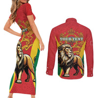 Personalised Morocco Proclamation Day Couples Matching Short Sleeve Bodycon Dress and Long Sleeve Button Shirt Barbary Lion Mix Islamic Pattern - Wonder Print Shop