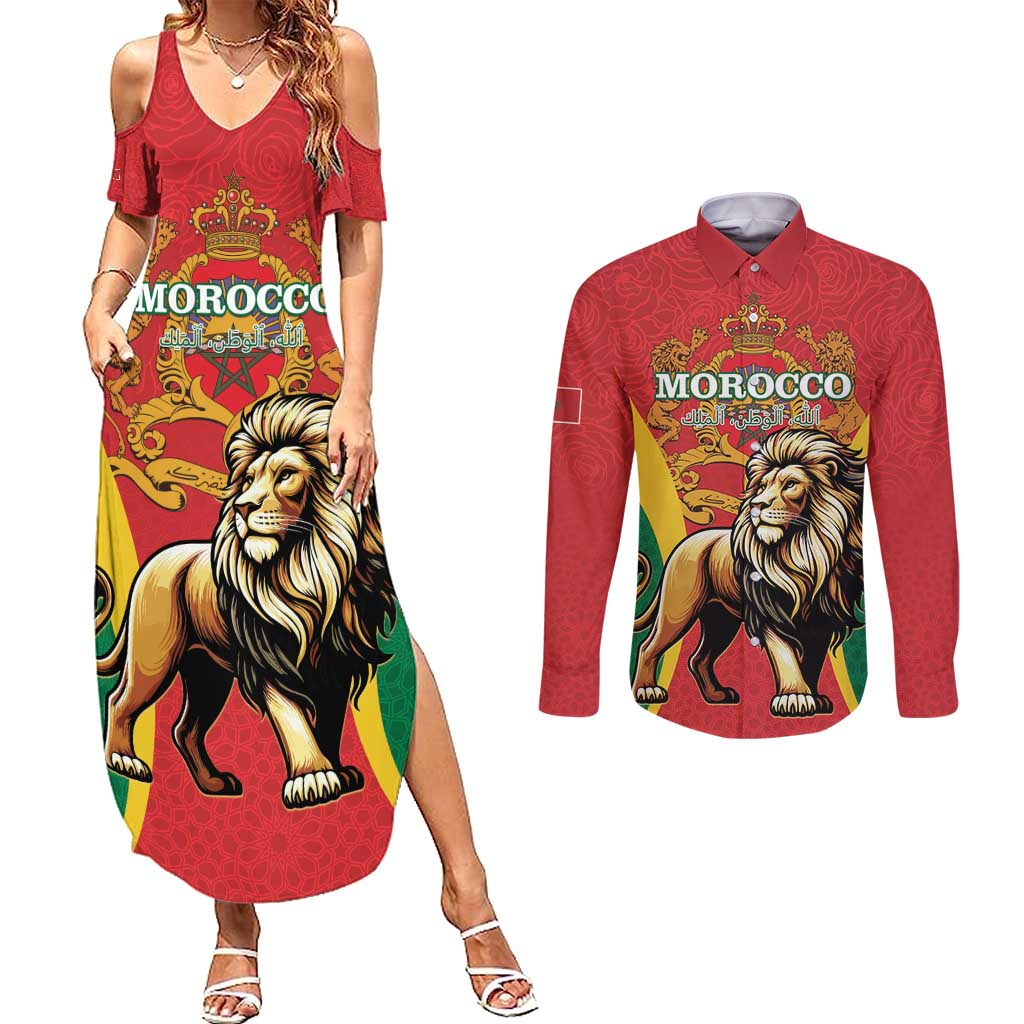 Personalised Morocco Proclamation Day Couples Matching Summer Maxi Dress and Long Sleeve Button Shirt Barbary Lion Mix Islamic Pattern - Wonder Print Shop