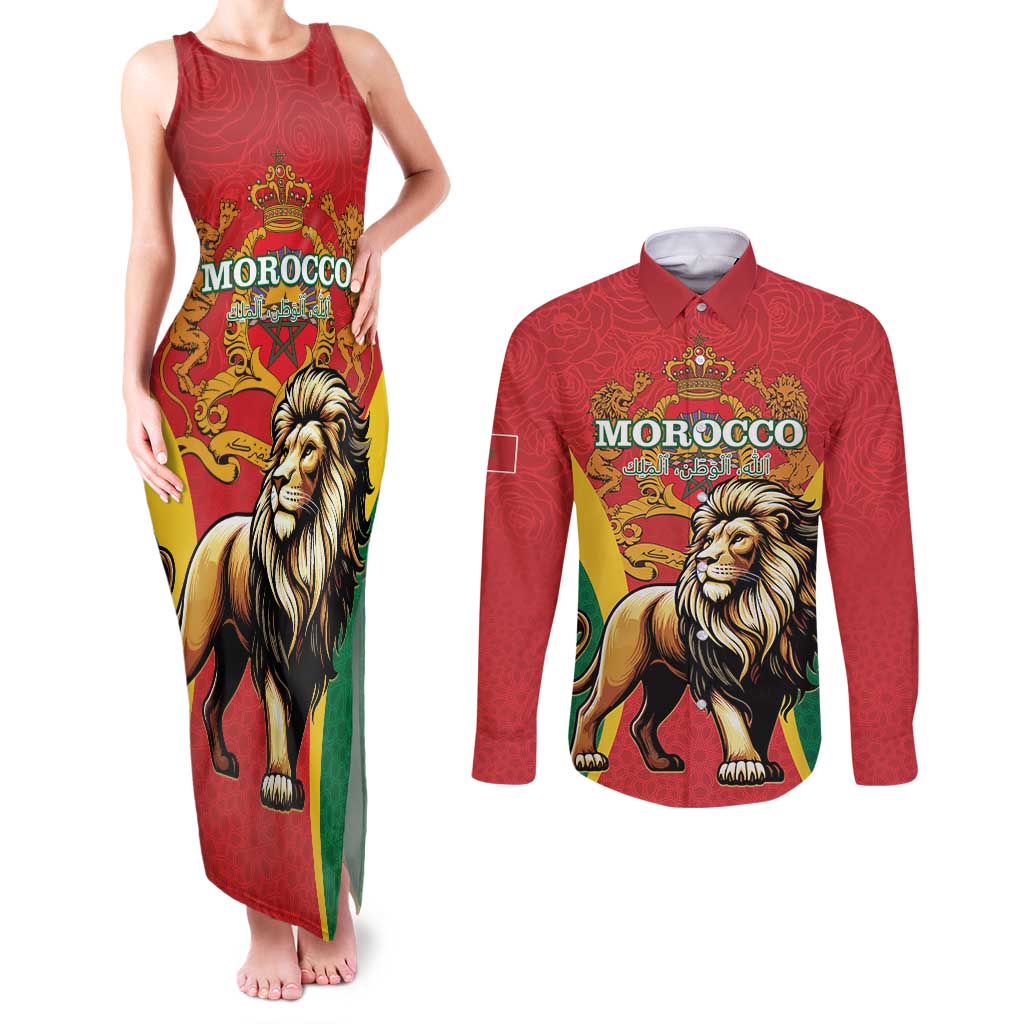 Personalised Morocco Proclamation Day Couples Matching Tank Maxi Dress and Long Sleeve Button Shirt Barbary Lion Mix Islamic Pattern - Wonder Print Shop