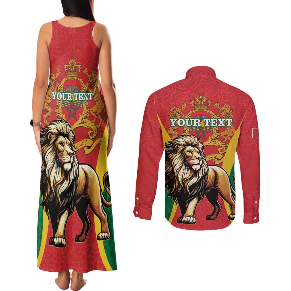 Personalised Morocco Proclamation Day Couples Matching Tank Maxi Dress and Long Sleeve Button Shirt Barbary Lion Mix Islamic Pattern - Wonder Print Shop