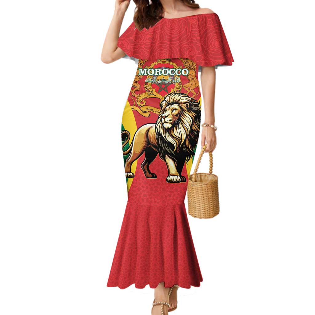Personalised Morocco Proclamation Day Family Matching Mermaid Dress and Hawaiian Shirt Barbary Lion Mix Islamic Pattern - Wonder Print Shop