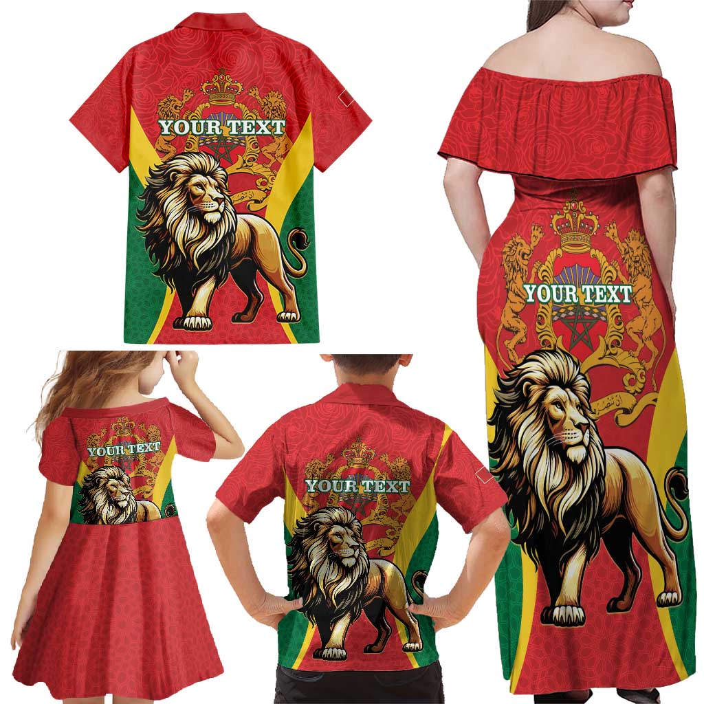 Personalised Morocco Proclamation Day Family Matching Off Shoulder Maxi Dress and Hawaiian Shirt Barbary Lion Mix Islamic Pattern - Wonder Print Shop