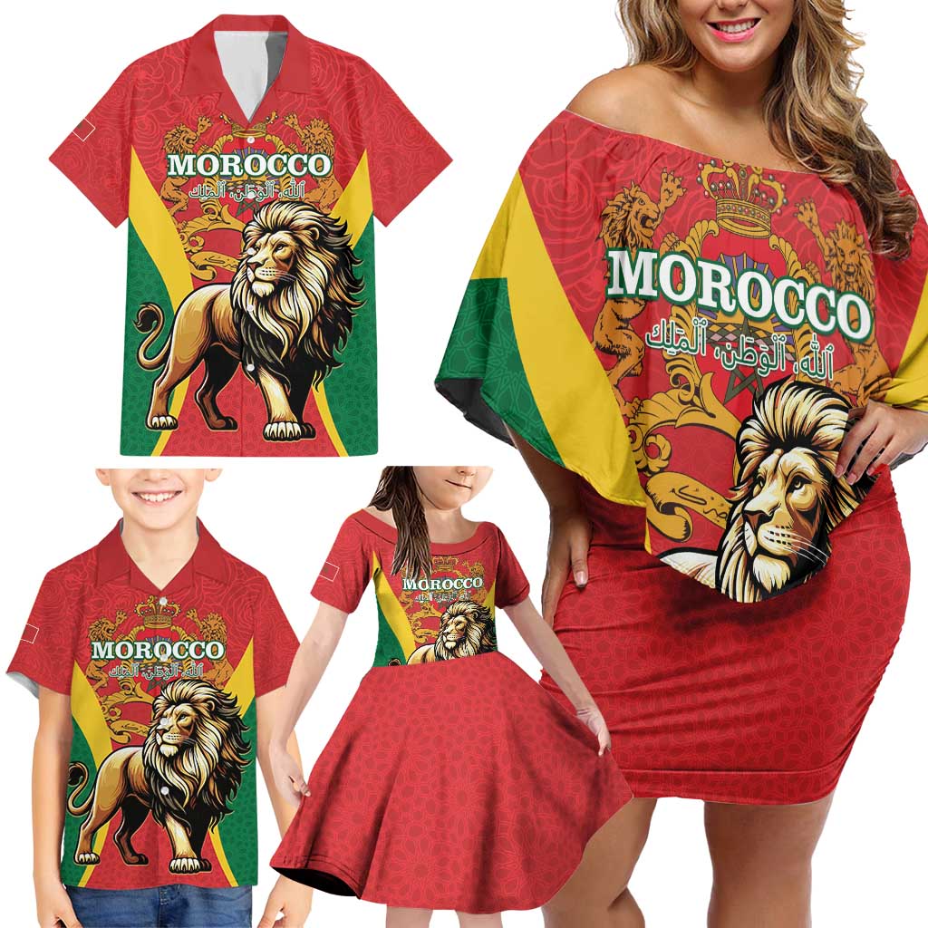 Personalised Morocco Proclamation Day Family Matching Off Shoulder Short Dress and Hawaiian Shirt Barbary Lion Mix Islamic Pattern - Wonder Print Shop