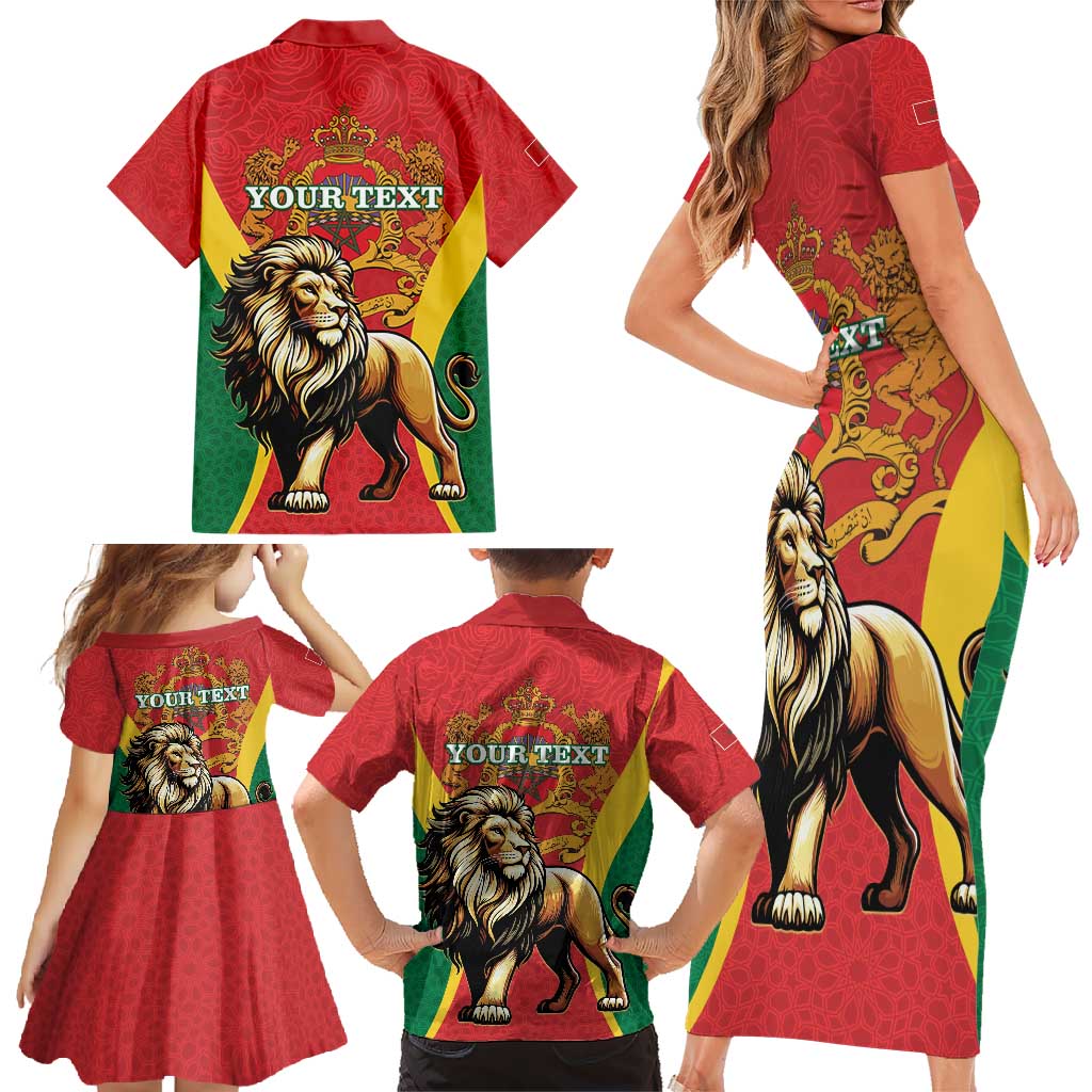 Personalised Morocco Proclamation Day Family Matching Short Sleeve Bodycon Dress and Hawaiian Shirt Barbary Lion Mix Islamic Pattern - Wonder Print Shop