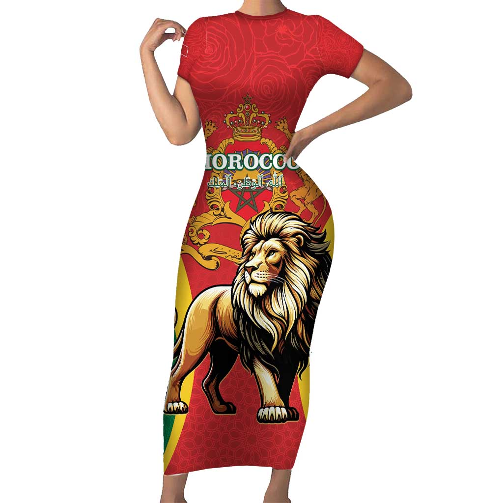 Personalised Morocco Proclamation Day Family Matching Short Sleeve Bodycon Dress and Hawaiian Shirt Barbary Lion Mix Islamic Pattern - Wonder Print Shop