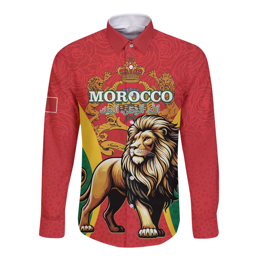 Personalised Morocco Proclamation Day Long Sleeve Button Shirt Barbary Lion Mix Islamic Pattern - Wonder Print Shop