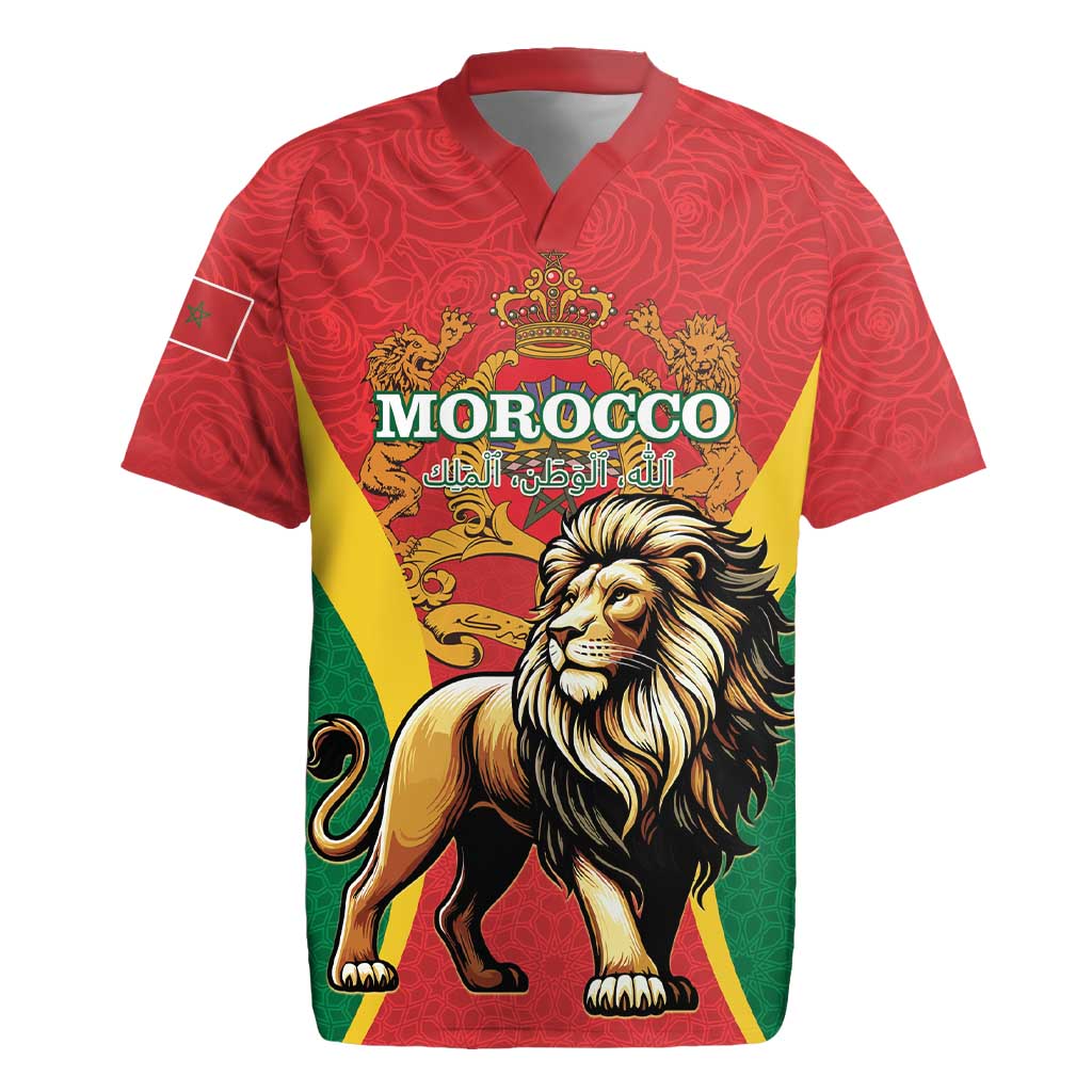 Personalised Morocco Proclamation Day Rugby Jersey Barbary Lion Mix Islamic Pattern - Wonder Print Shop