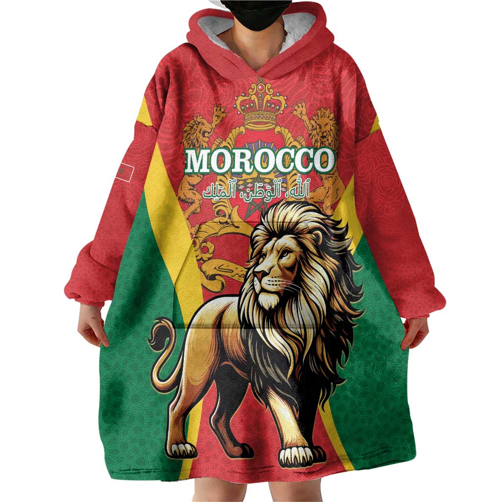 Personalised Morocco Proclamation Day Wearable Blanket Hoodie Barbary Lion Mix Islamic Pattern - Wonder Print Shop