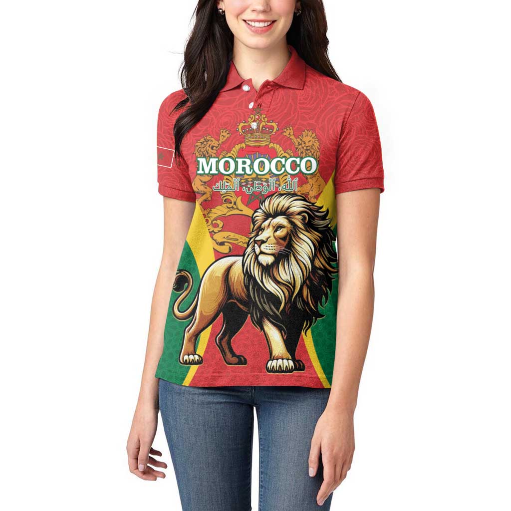 Personalised Morocco Proclamation Day Women Polo Shirt Barbary Lion Mix Islamic Pattern - Wonder Print Shop
