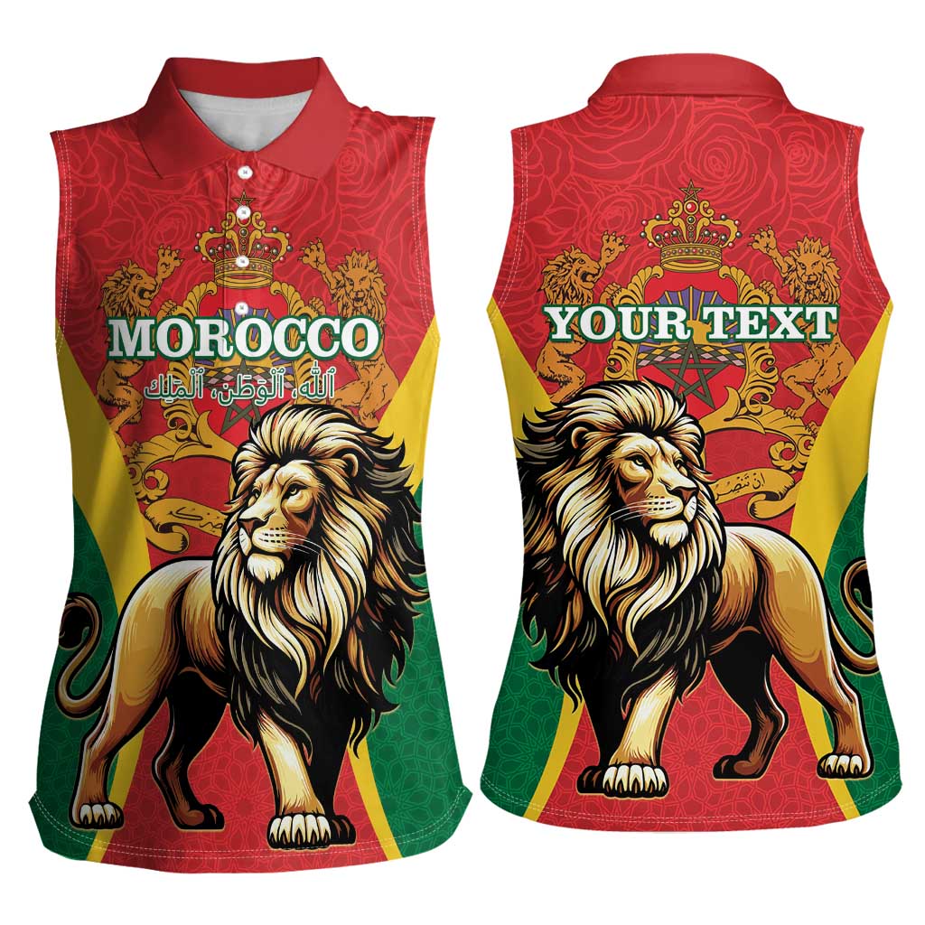 Personalised Morocco Proclamation Day Women Sleeveless Polo Shirt Barbary Lion Mix Islamic Pattern - Wonder Print Shop