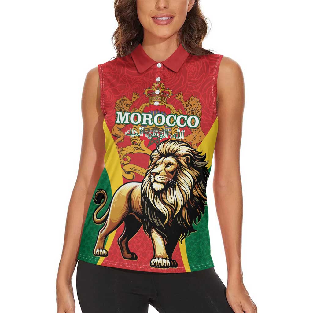 Personalised Morocco Proclamation Day Women Sleeveless Polo Shirt Barbary Lion Mix Islamic Pattern - Wonder Print Shop