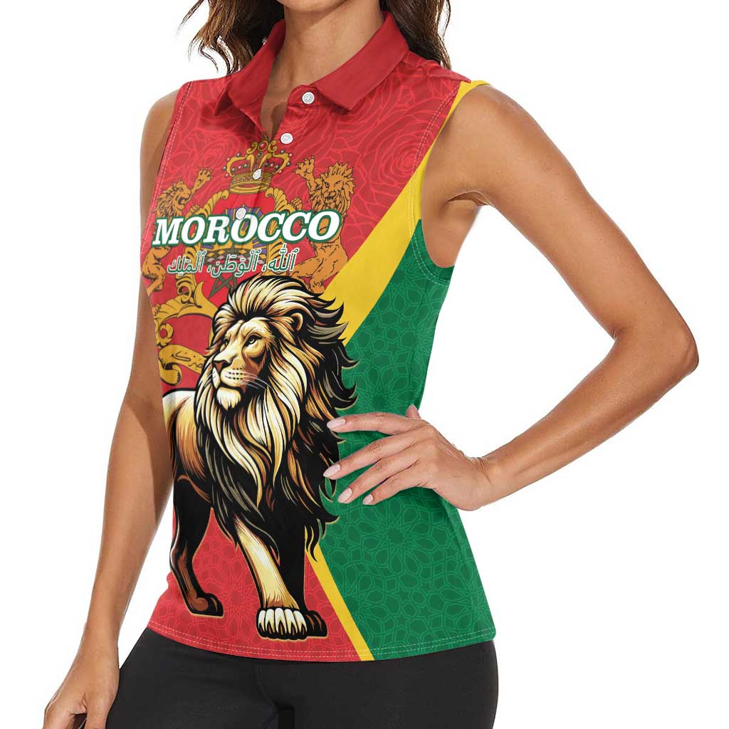 Personalised Morocco Proclamation Day Women Sleeveless Polo Shirt Barbary Lion Mix Islamic Pattern - Wonder Print Shop