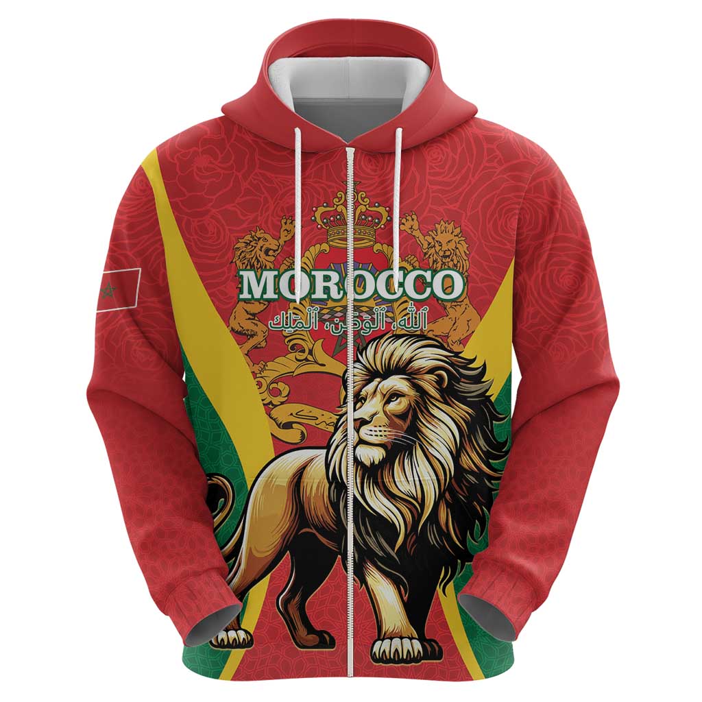 Personalised Morocco Proclamation Day Zip Hoodie Barbary Lion Mix Islamic Pattern - Wonder Print Shop