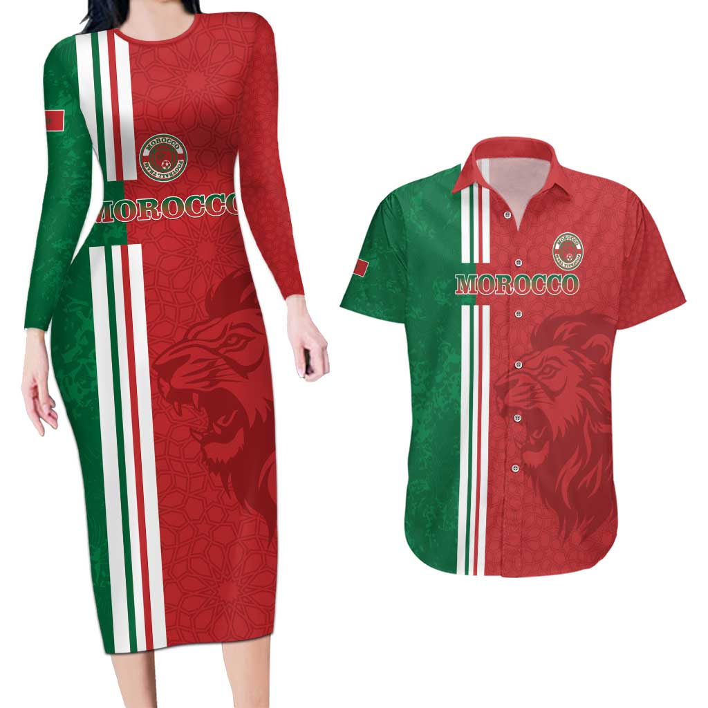 Custom Morocco Football Couples Matching Long Sleeve Bodycon Dress and Hawaiian Shirt Go Atlas Lions - Wonder Print Shop