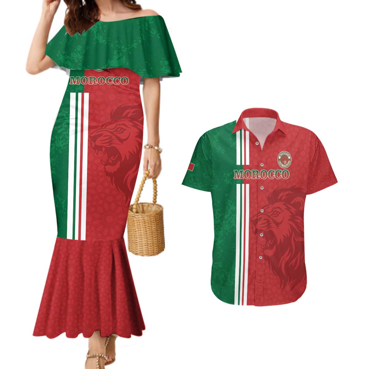Custom Morocco Football Couples Matching Mermaid Dress and Hawaiian Shirt Go Atlas Lions - Wonder Print Shop