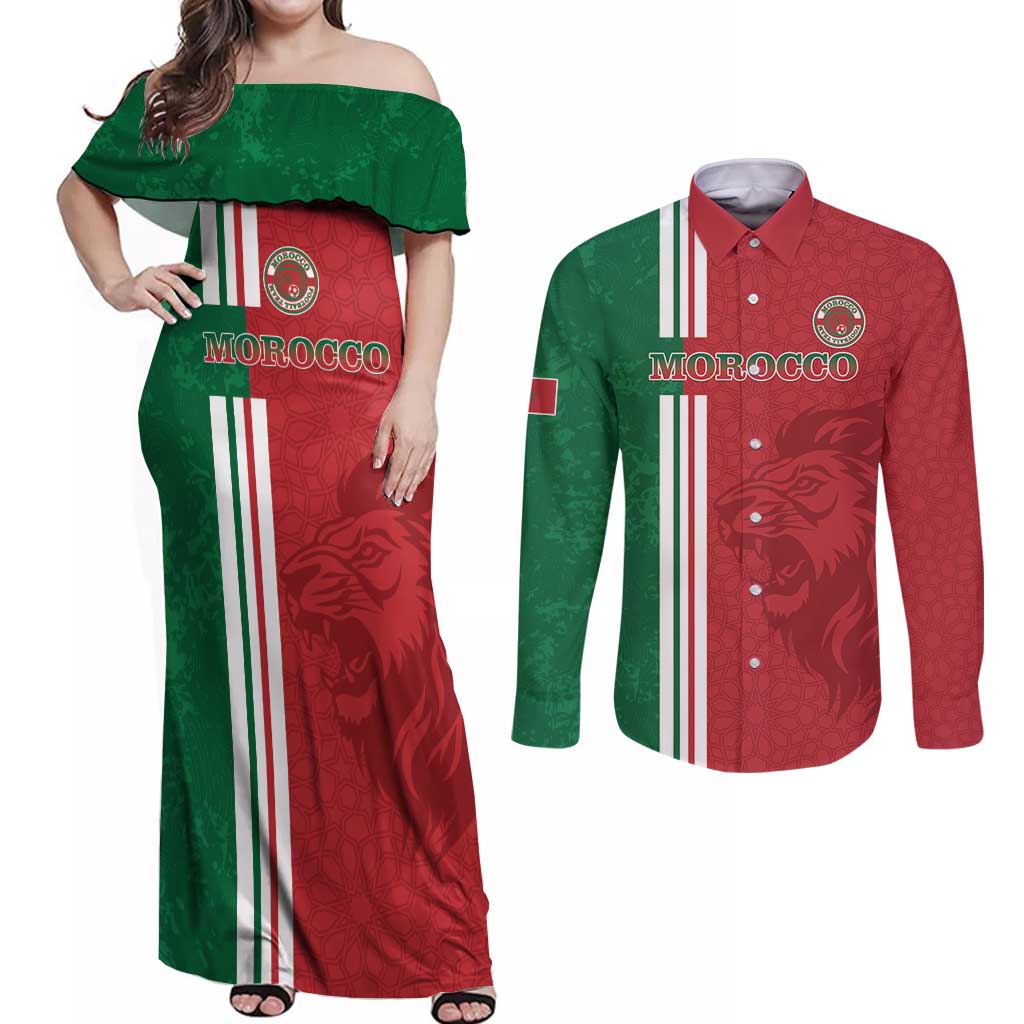 Custom Morocco Football Couples Matching Off Shoulder Maxi Dress and Long Sleeve Button Shirt Go Atlas Lions - Wonder Print Shop