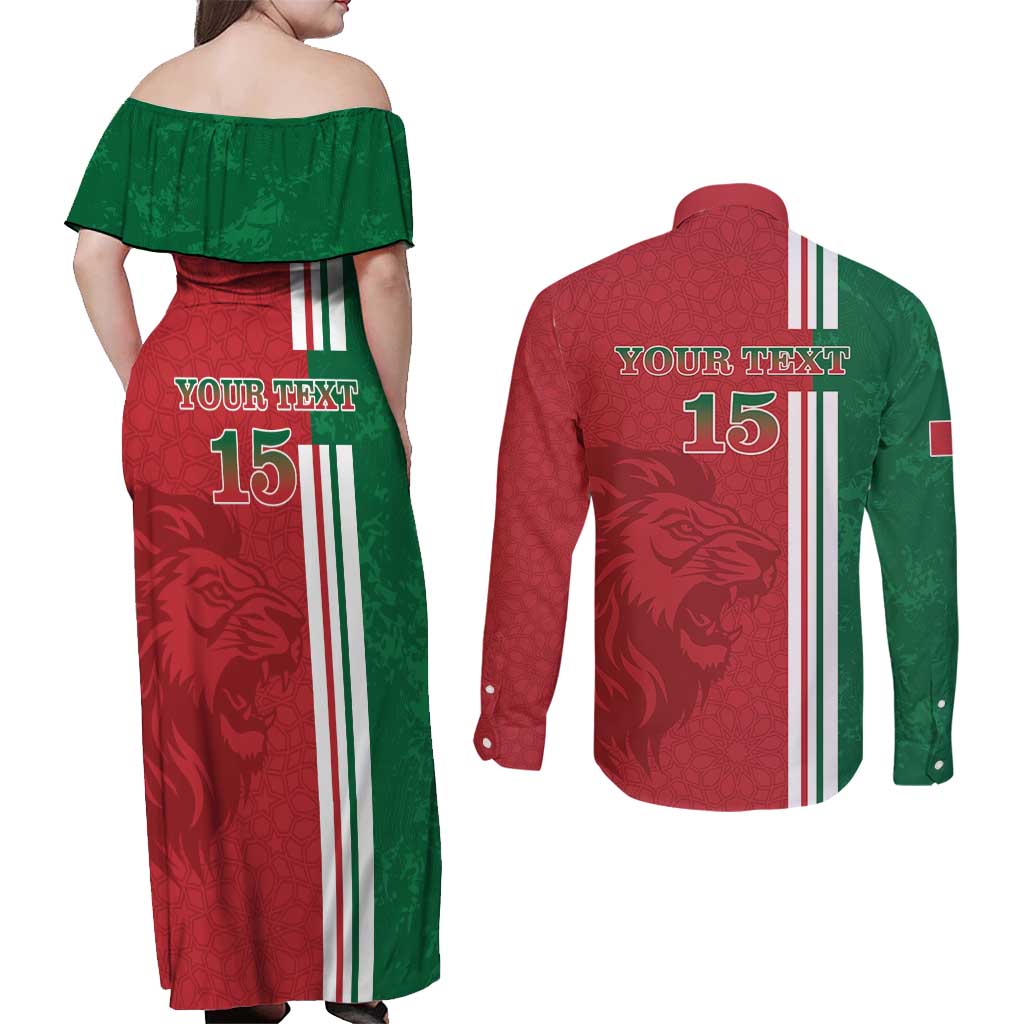 Custom Morocco Football Couples Matching Off Shoulder Maxi Dress and Long Sleeve Button Shirt Go Atlas Lions - Wonder Print Shop