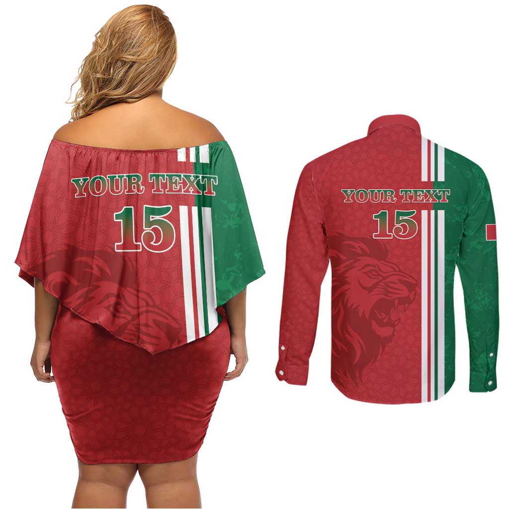 Custom Morocco Football Couples Matching Off Shoulder Short Dress and Long Sleeve Button Shirt Go Atlas Lions - Wonder Print Shop