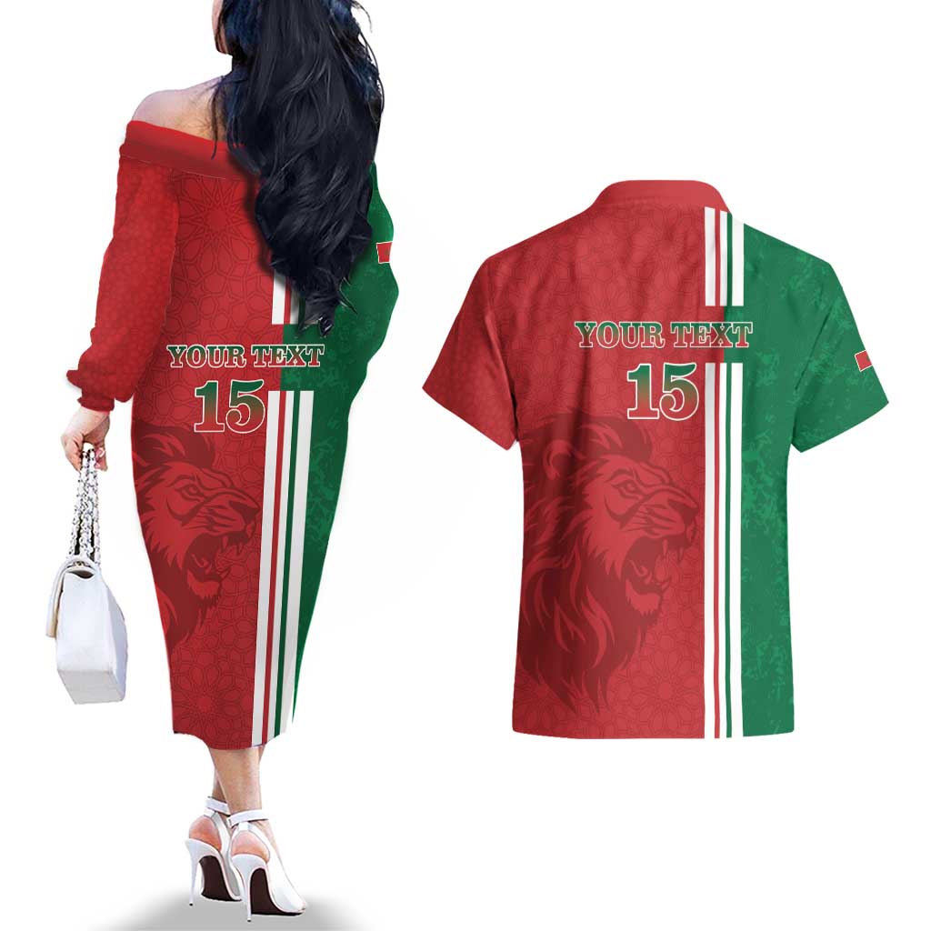 Custom Morocco Football Couples Matching Off The Shoulder Long Sleeve Dress and Hawaiian Shirt Go Atlas Lions - Wonder Print Shop