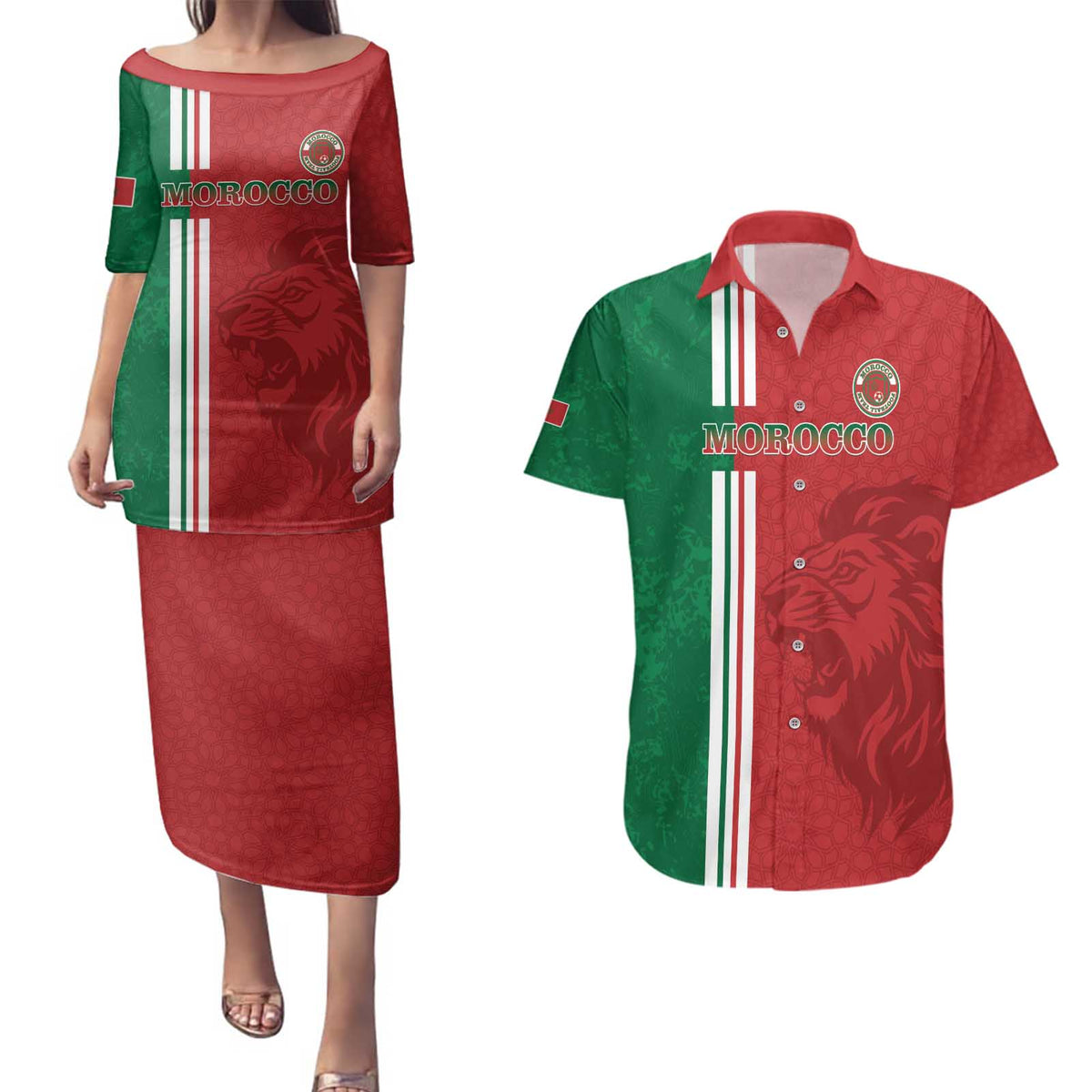 Custom Morocco Football Couples Matching Puletasi and Hawaiian Shirt Go Atlas Lions - Wonder Print Shop