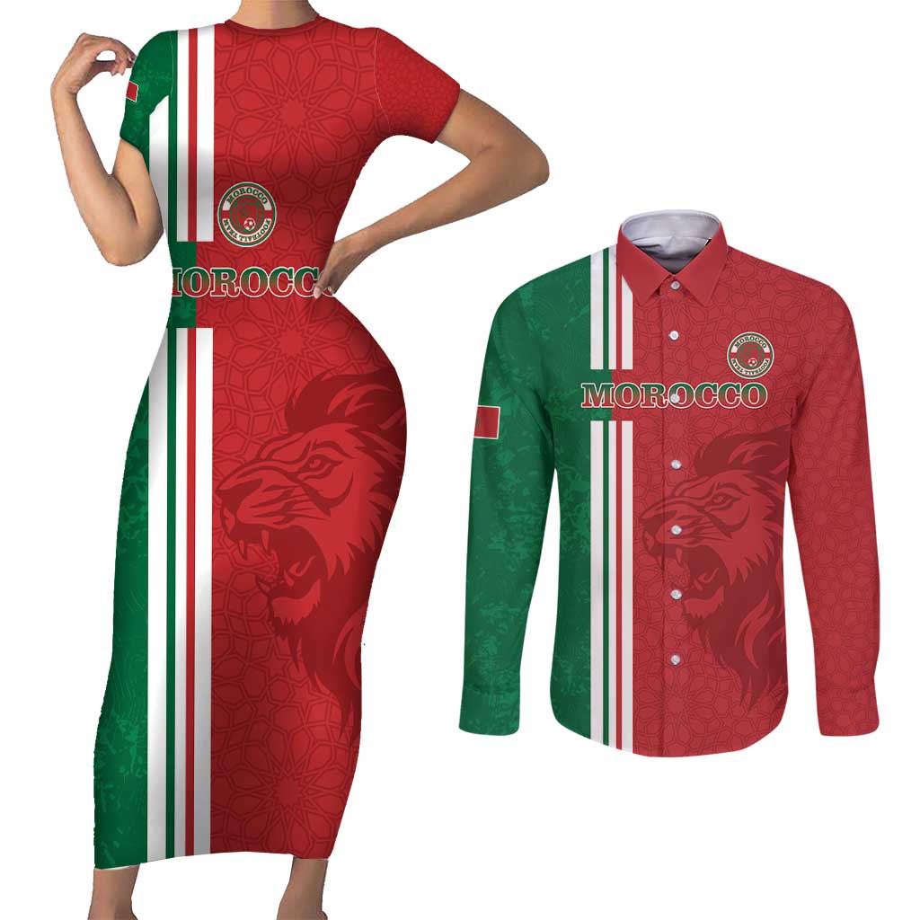 Custom Morocco Football Couples Matching Short Sleeve Bodycon Dress and Long Sleeve Button Shirt Go Atlas Lions - Wonder Print Shop