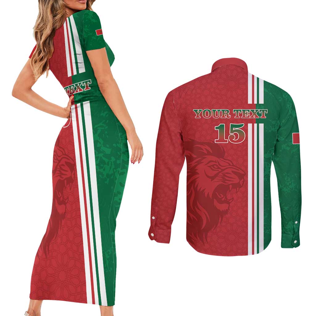 Custom Morocco Football Couples Matching Short Sleeve Bodycon Dress and Long Sleeve Button Shirt Go Atlas Lions - Wonder Print Shop