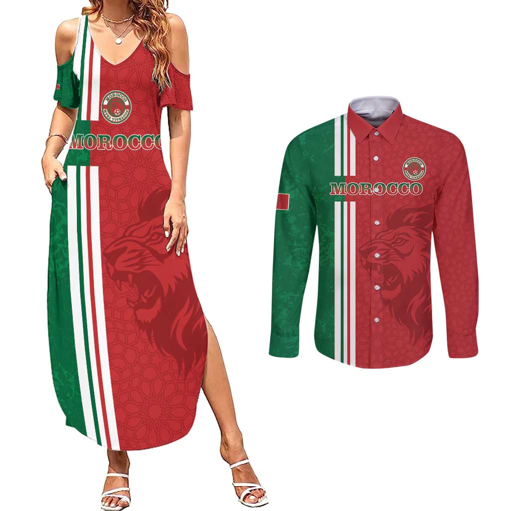Custom Morocco Football Couples Matching Summer Maxi Dress and Long Sleeve Button Shirt Go Atlas Lions - Wonder Print Shop