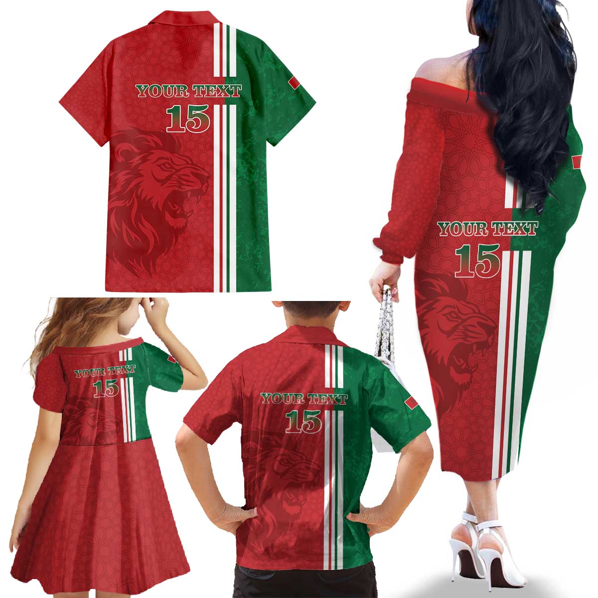 Custom Morocco Football Family Matching Off The Shoulder Long Sleeve Dress and Hawaiian Shirt Go Atlas Lions - Wonder Print Shop