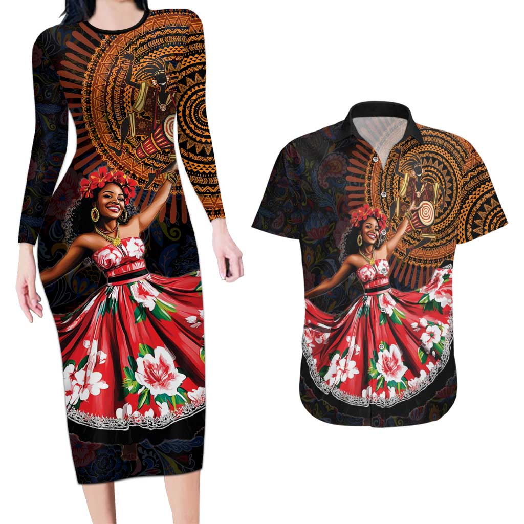 Sega Traditional Dance Couples Matching Long Sleeve Bodycon Dress and Hawaiian Shirt Paisley Mix African Pattern