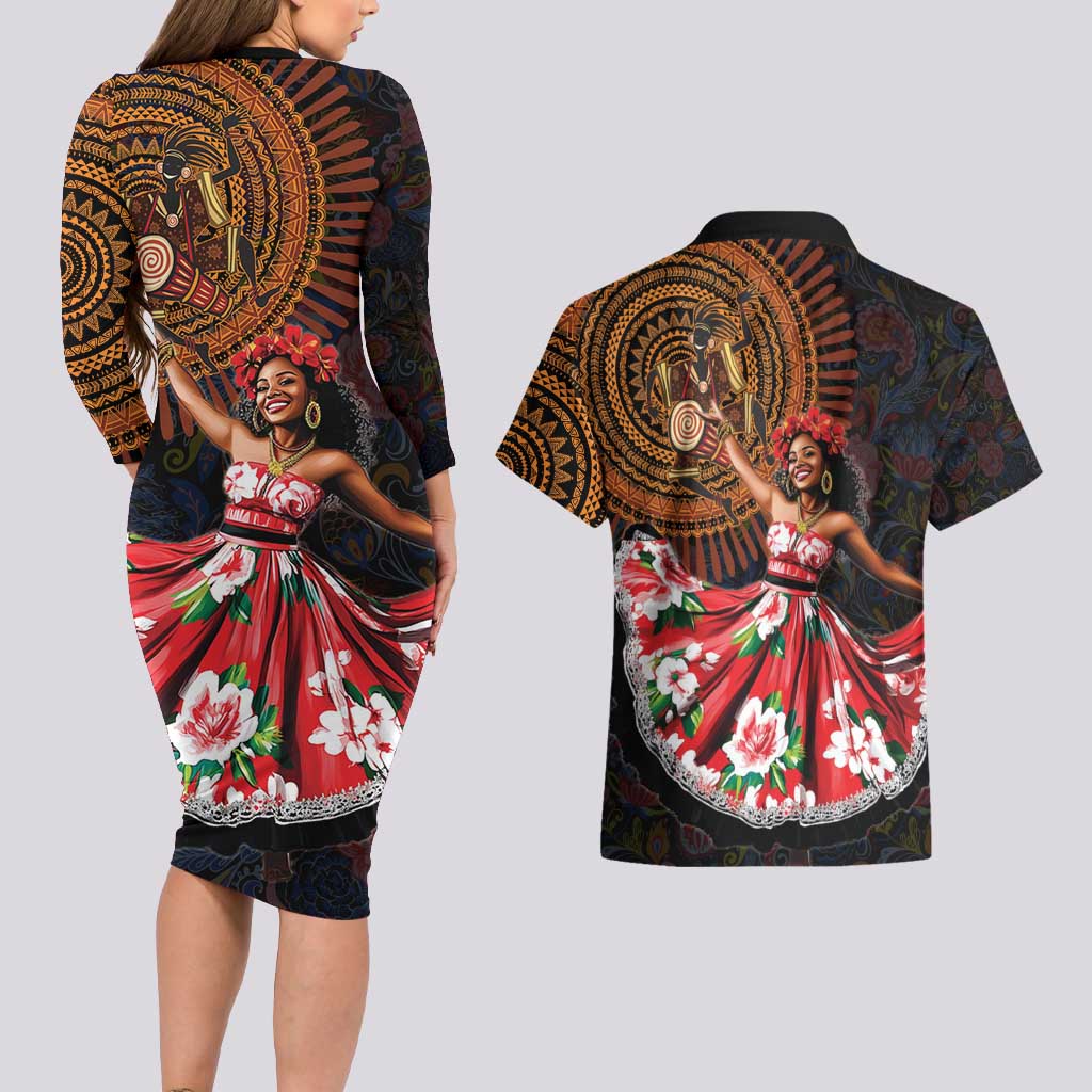 Sega Traditional Dance Couples Matching Long Sleeve Bodycon Dress and Hawaiian Shirt Paisley Mix African Pattern